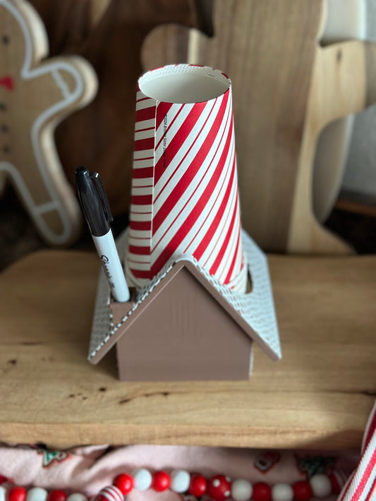 Gingerbread House Party Cup Holder Back View – A festive gingerbread house-themed cup holder with a marker slot, perfect for Christmas parties and hot cocoa bars.