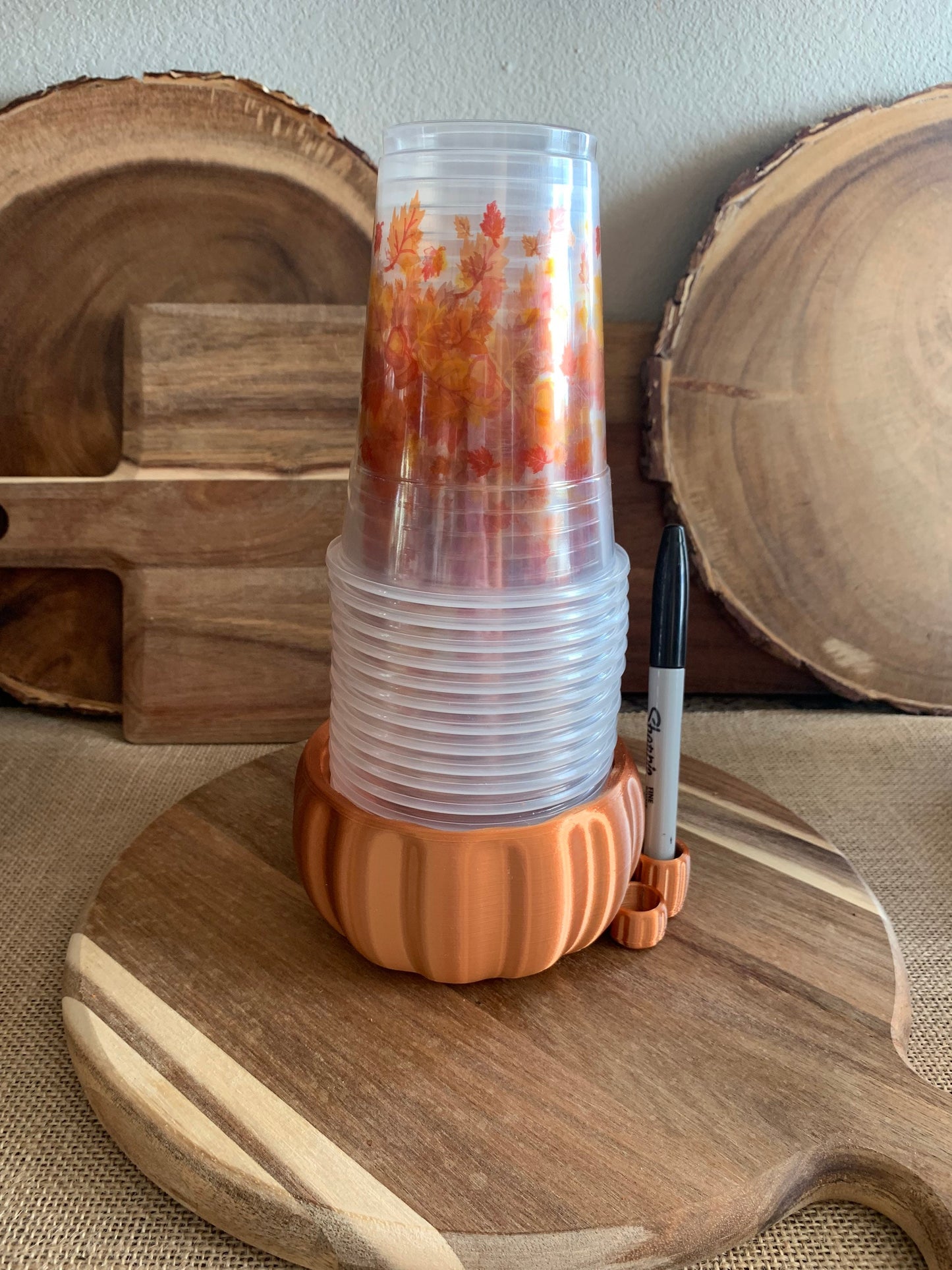 Copper pumpkin party cup holder in a festive autumn table setting, perfect for Thanksgiving decor and fall celebrations.