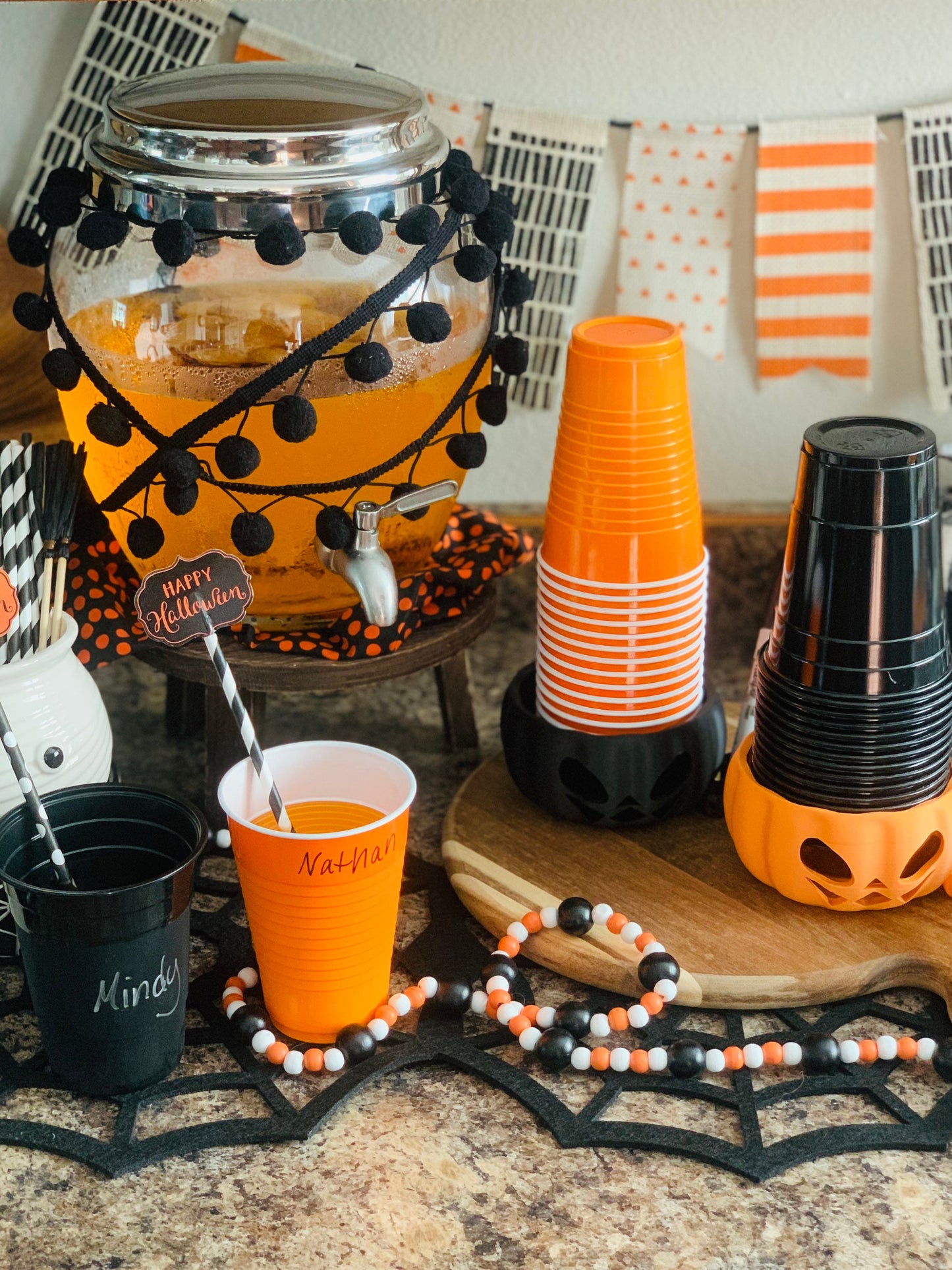 Pumpkin Party Cup Holder with LED tea light and built-in pen holder, perfect for Halloween and Summerween parties.