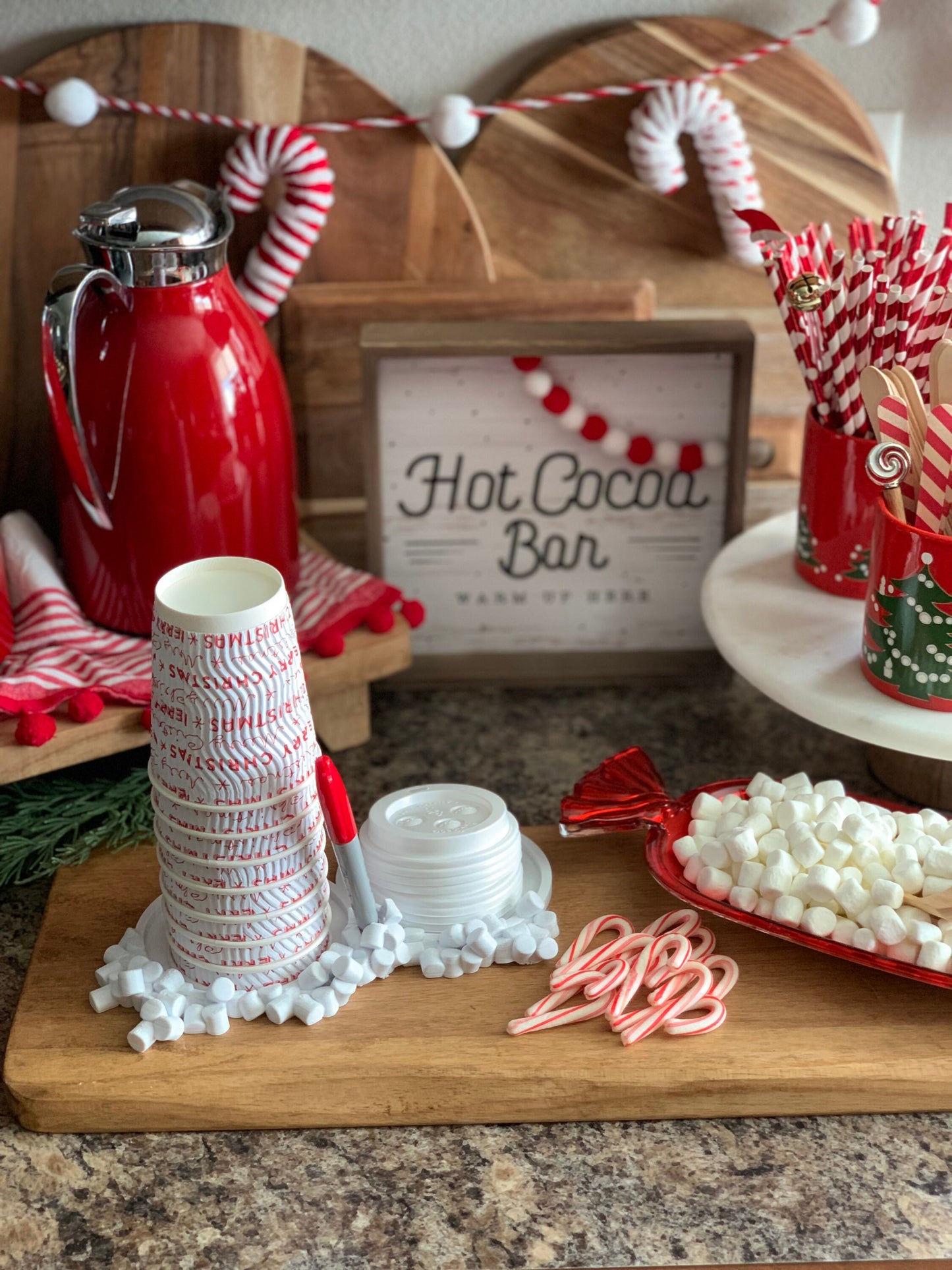 Marshmallow Party Cup Holder with built-in marker slot on a festive hot cocoa bar display.