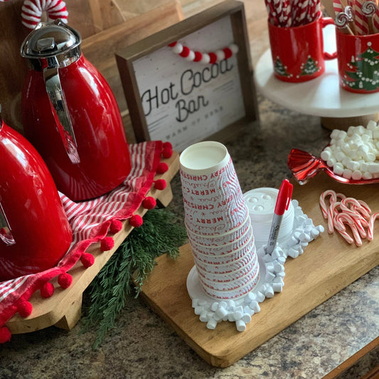 Marshmallow Party Cup Holder with built-in marker slot on a festive hot cocoa bar display.