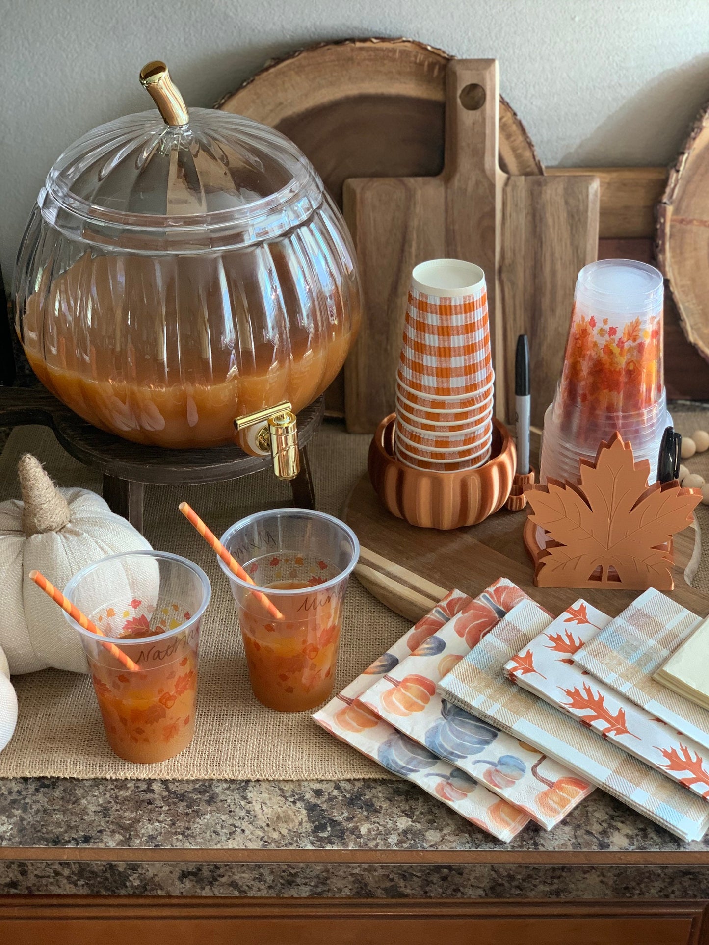 Copper pumpkin party cup holder in a festive autumn table setting, perfect for Thanksgiving decor and fall celebrations.