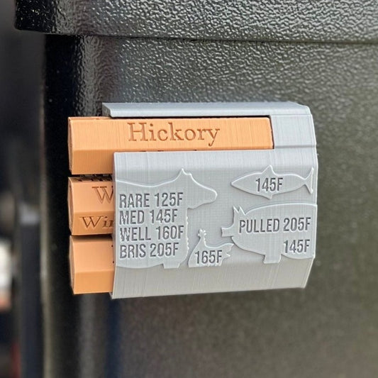Magnetic Pellet Label with Meat Temperatures displayed inside of animal shapes. The interchangeable logs have Hickory displayed.