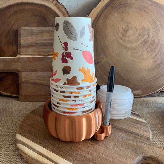 Front view of handcrafted copper pumpkin party cup holder with integrated marker slot and warm copper finish.